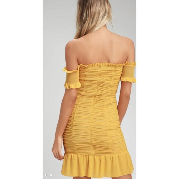 Lulus Dress Kris Mustard Yellow Ruched Off-The-Shoulder Bodycon Dress Nwt Mini S - Picture 3 of 10